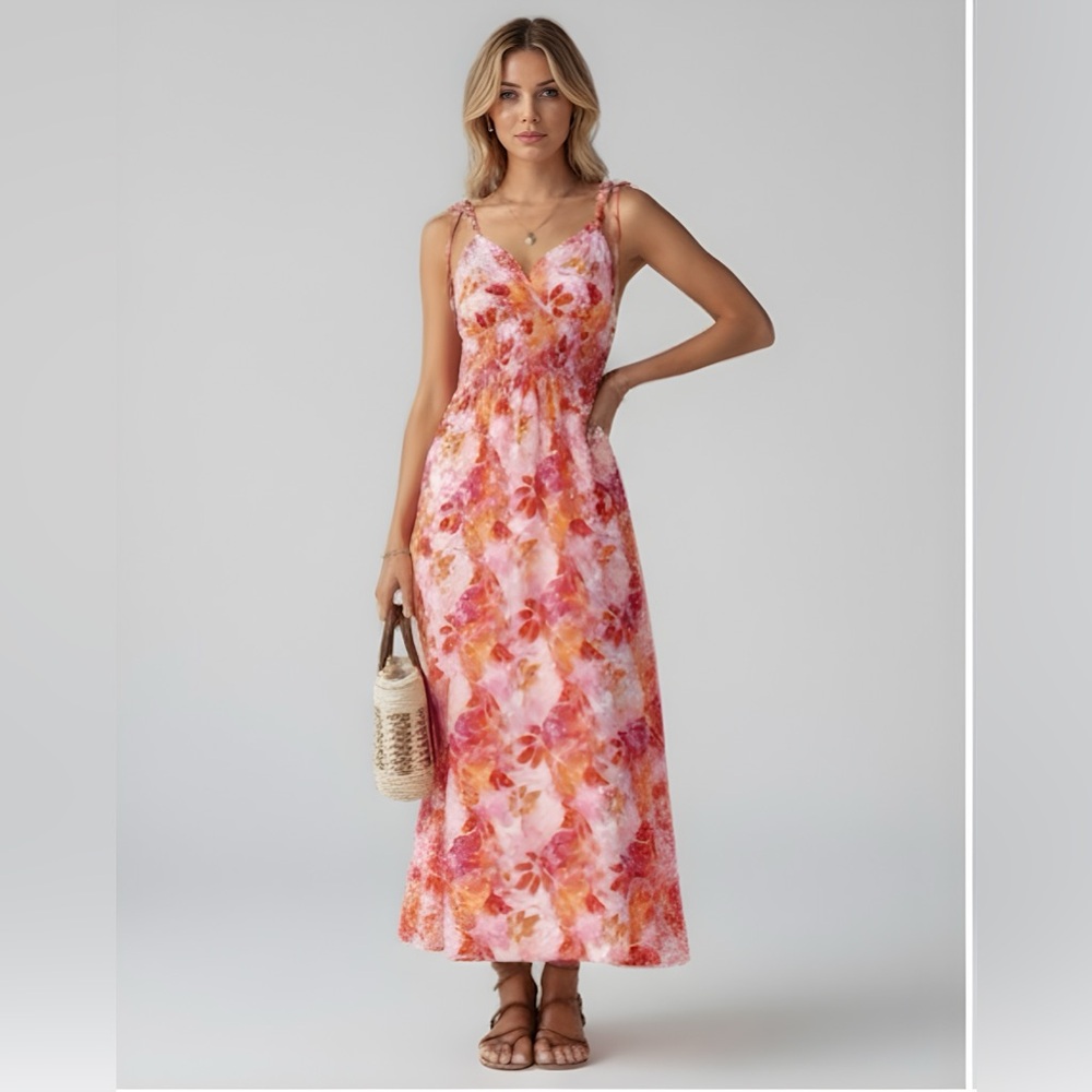 Boho Floral Print Knot Shoulder Shirred Cami Dress
